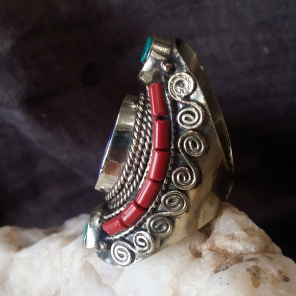 Large Silver Coral, Lapis Turquoise Stone Ring - Picture 5 of 6